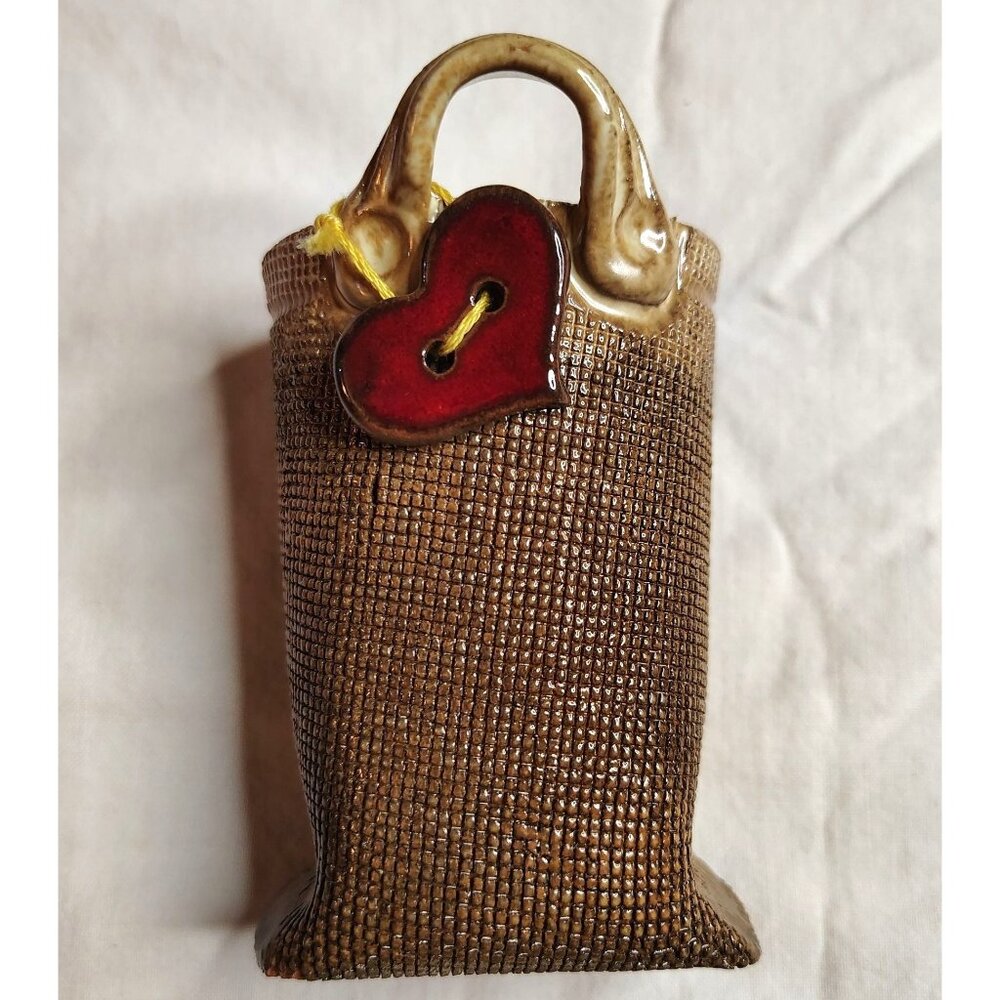 Ceramic Burlap Sack Artist Signed Heart Decoration Vintage Kitchen Pottery
